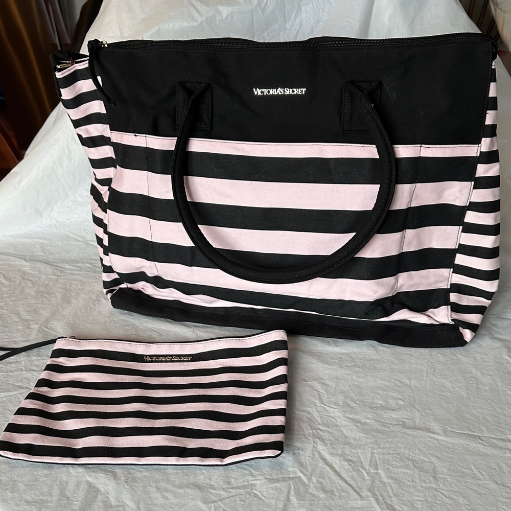 Victoria's Secret Black and Pink Striped Weekender Tote/Cosmetic Bag